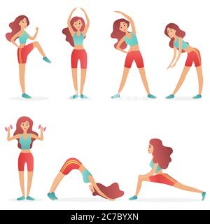 Funny pretty woman exercising various different training fitness poses exercises set vector illustration Stock Vector