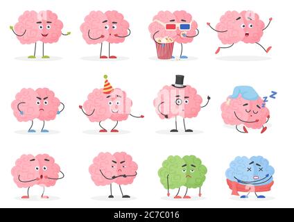 Brain character emoji emoticons set. Funny cartoon brain emotions and activities vector illustration Stock Vector