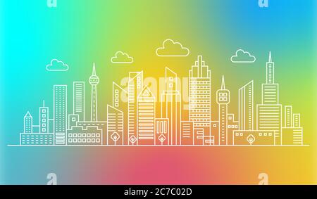 Modern outline line city skyscrapers on the trendy vector gradient mix color background Stock Vector