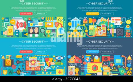 Vector collection of flat cyber security design concepts set. Cloud data service, computer protection and hacker attack concept with school icons items Stock Vector