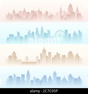 Set horizontal banners landscapes of urban modern city with tall skyscrapers in pollution fog Stock Vector