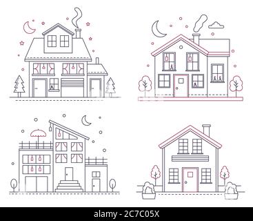 Vector thin line icon suburban american houses. Classic architecture civil building illustrations for infographic, web design and application interfaces Stock Vector