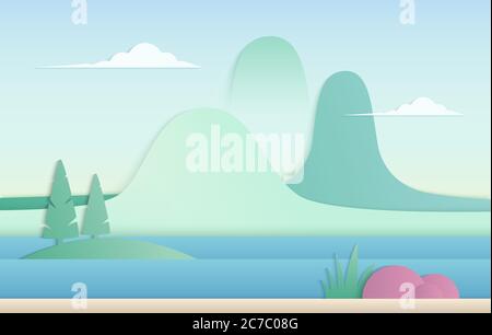 Vector trendy gradient color nature illustration. Mountains with river paper cut landscape Stock Vector