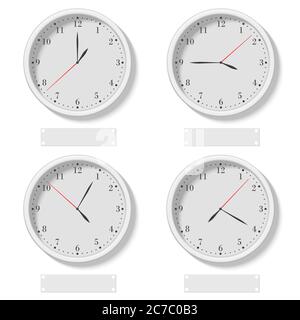 Set of realistic classic round clocks showing various time. World time clock, different time zone vector illustration Stock Vector