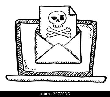 Cartoon style doodle of notebook with opened virus email. Hand drawn doodle vector illustration Stock Vector