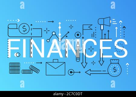 Finance 2019 word trendy composition concept banner. Outline stroke Investment, Strategy, Analysis. Flat line icons lettering typography on white background Stock Vector