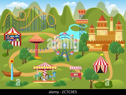 Amusement park concept landscape map with flat fairground elements, castle, mountains cartoon vector illustration Stock Vector
