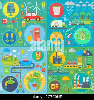Trendy flat design ecology vector set of web icons. Ecological friendly, low zero emission. Modern green power plants and energy producing stations Stock Vector