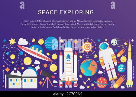 Vector trendy flat gradient space universe infographic elements collection with sun, planets, star spaceships, ufo aliens, astronaut, asteroids vector illustration Stock Vector