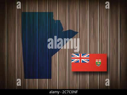 Map and flag of Manitoba, province of Canada, on wooden background, 3D illustration. Stock Photo