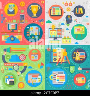 Trendy flat design SEO technology vector set of web icons. User web search experience, website ranking and marketing square concepts set Stock Vector