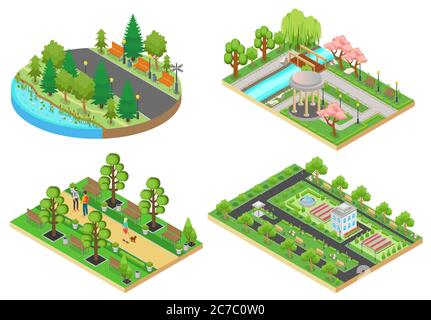 3d Isometric cartoon style green city public park concepts set vector illustration Stock Vector