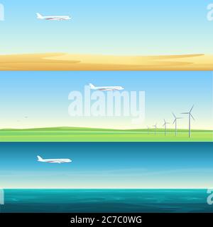 Beautiful minimalistic horizontal banners landscapes with airplanes flying over the field, sea and desert Stock Vector