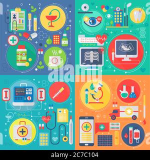 Trendy flat design Medicine and healthcare vector set of web icons. Medical square concepts set Stock Vector