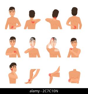 Pain in the human man body. Man feels pain infographic set Stock Vector