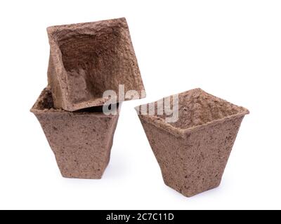 Three empty peat pots isolated on white background Stock Photo