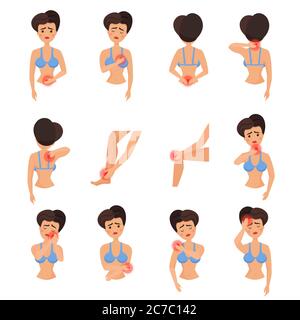 Woman body parts pain set. Female feeling pain flat vector illustration Stock Vector