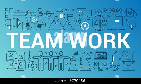 Team work word trendy composition concept banner. Outline stroke office, coworking, brainstorming vector illustration Stock Vector