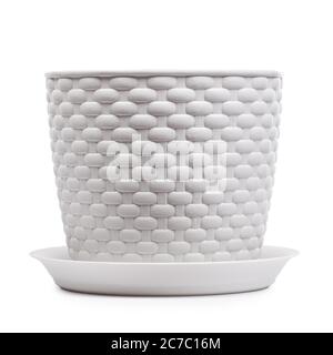 White wicker plastic vase, empty pot with stand isolated Stock Photo
