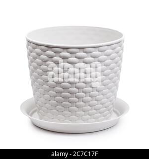White wicker plastic vase, empty pot with stand isolated Stock Photo