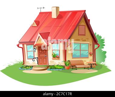 Old cozy rural house. Vector is isolated on a white background. Village, suburb. Fairytale cute cartoon home. Flat detailed style. Beautiful building. Stock Vector