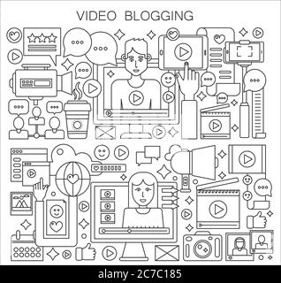 Blogger and blogging thin line vector concept Stock Vector
