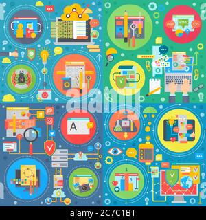 Trendy flat web design illustrations. Website design square concepts set Stock Vector