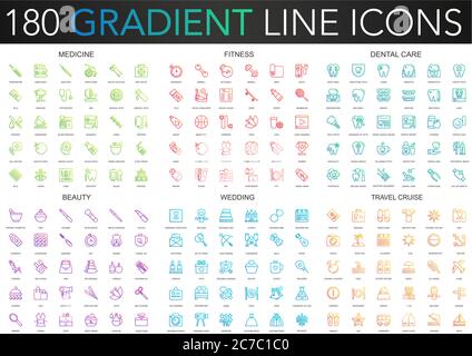 180 trendy gradient vector thin line icons set of medicine, fitness, dental care, beauty, wedding, travel cruise Stock Vector