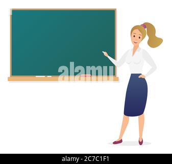 Young woman teacher standing in front of blank school blackboard vector illustration. Cartoon school female teacher Stock Vector