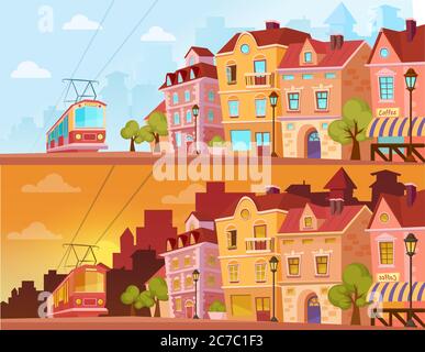Historical city street in sunset, sunrise and sunny day. Old city urban area with tram. Cartoon vector illustration Stock Vector