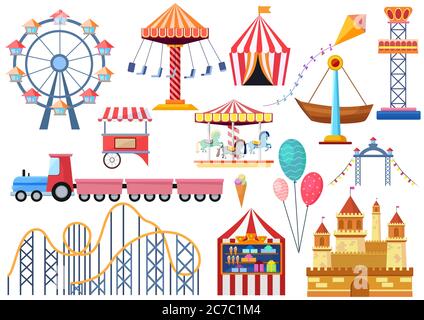 Amusement park vector entertainment icons elements isolated. Colorful cartoon flat ferris wheel, carousel, circus and castle isolated Stock Vector