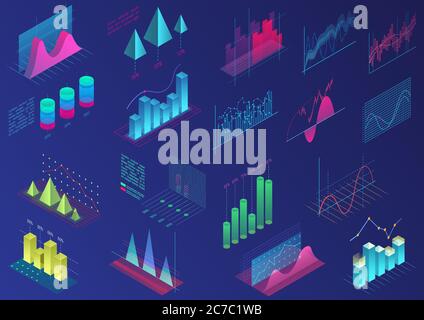 Set of vivid colorful infographic elements for ui design, presentation graphics, data statistics. 3d isometric bright light diagram vector illustration Stock Vector