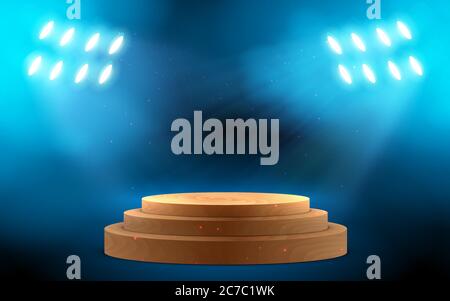 wooden podium with blue spotlight on the stage Stock Vector