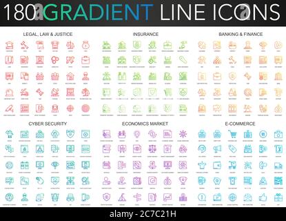 180 trendy gradient vector thin line icons set of legal, laws and justice, insurance, banking finance, cyber security, economics market, e-commerce Stock Vector