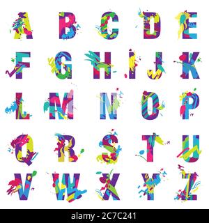 Vector Trendy letters alphabet painted by color paint splashes font Stock Vector