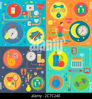 Sport and health square concepts set. Healthy lifestyle concept with food and sport icons vector illustration Stock Vector