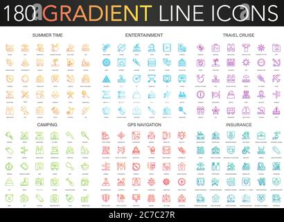 180 trendy gradient vector thin line icons set of summer time, entertainment, travel cruise, camping, gps navigation, insurance icon Stock Vector