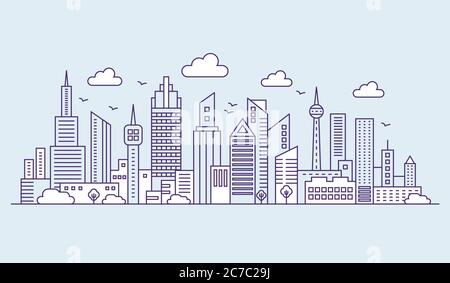 Line modern urban big city on blue background panorama. Outline cityscape skyscrapers vector illustration Stock Vector