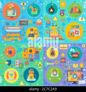Cyber security square concepts set. Online security, hacker, hacker virus atack, infected files, user digital protection flat vector design vector illustration Stock Vector