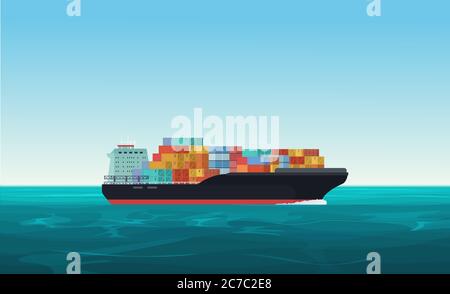 Cargo transportation ship with containers in the ocean. Delivery, shipping freight transportation concept vector illustration Stock Vector