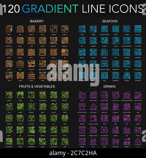 120 trendy color gradient complex thin line icons set of Bakery, Seafood, Fruits Vegetables, Drinks isolated on black background Stock Vector