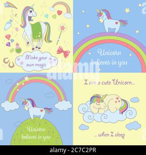 Set of beautiful unicorns illustrations with clouds, rainbows, stars, magic tools Stock Vector