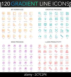 120 trendy gradient style thin line icons set of my workplace, creative process, human productivity, mental mind process isolated Stock Vector