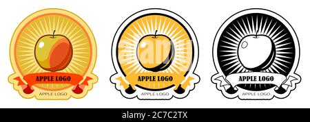 Apple logo design concept. Symbol of gardening, juice production. Set: full color, two-color for packaging and black for printing. Isolated on a white Stock Vector