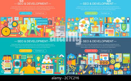 SEO horisontal flat concept design banners set Stock Vector