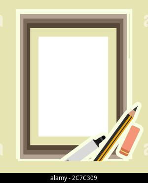 Art Studio. Vector. Studio symbol. Frame with white paper, felt-tip pen, pencil and eraser. Everything is ready for drawing. Stock Vector