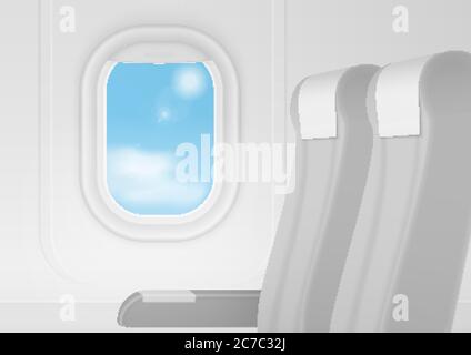 Realistic vector airplane transport Interior. Aircraft inside seats chairs near window. Business class travel concept Stock Vector