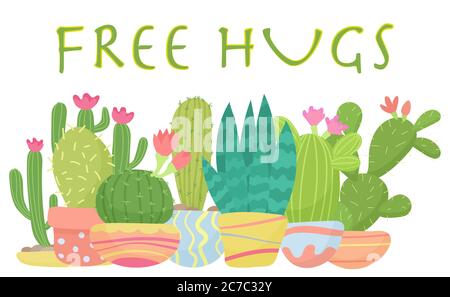 Set of Cactus with free hugs lettering vector illustration Stock Vector