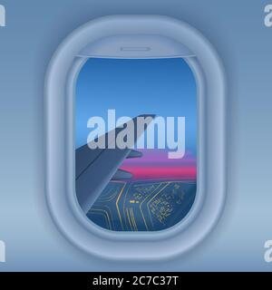 Airplane window at night. Night city from sky view. Long journey trip concept vector illustration Stock Vector