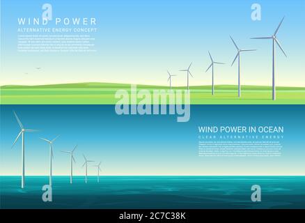 Energy horizontal concept backgrounds with wind turbines in green meadow field and ocean sea Stock Vector